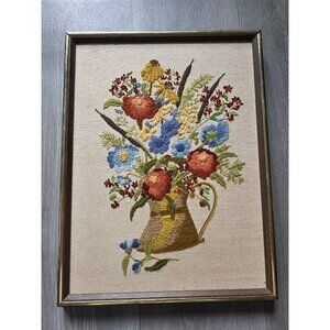 Vintage Framed Hand Embroidered Crewel Floral Art In Gold/Brown Frame 17x13